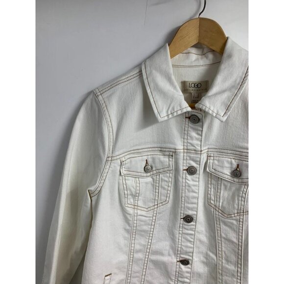 Logo By Lori Goldstein Women's 3/4 Sleeve Raw Hem Denim Button Jacket Size 8 - Picture 5 of 11